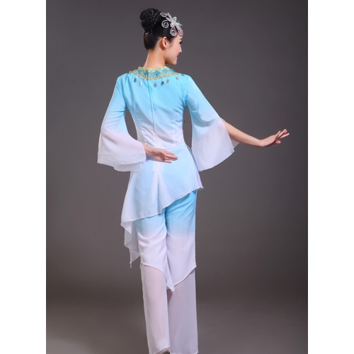 Women's Chinese folk dance costumes minority ancient traditional yangko fan umbrella stage performance dresses top and pants